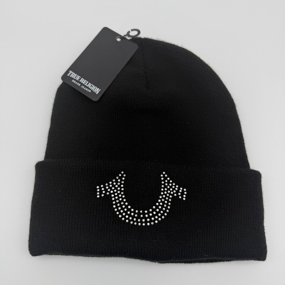 True Religion Crystal Horseshoe Beanie Black Ribbed Knit Acrylic OSFA